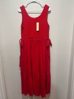 Doe & Rae Red Ribbed Tank Tiered Midi Maxi Dress Sleeveless Stretch Boho NWT